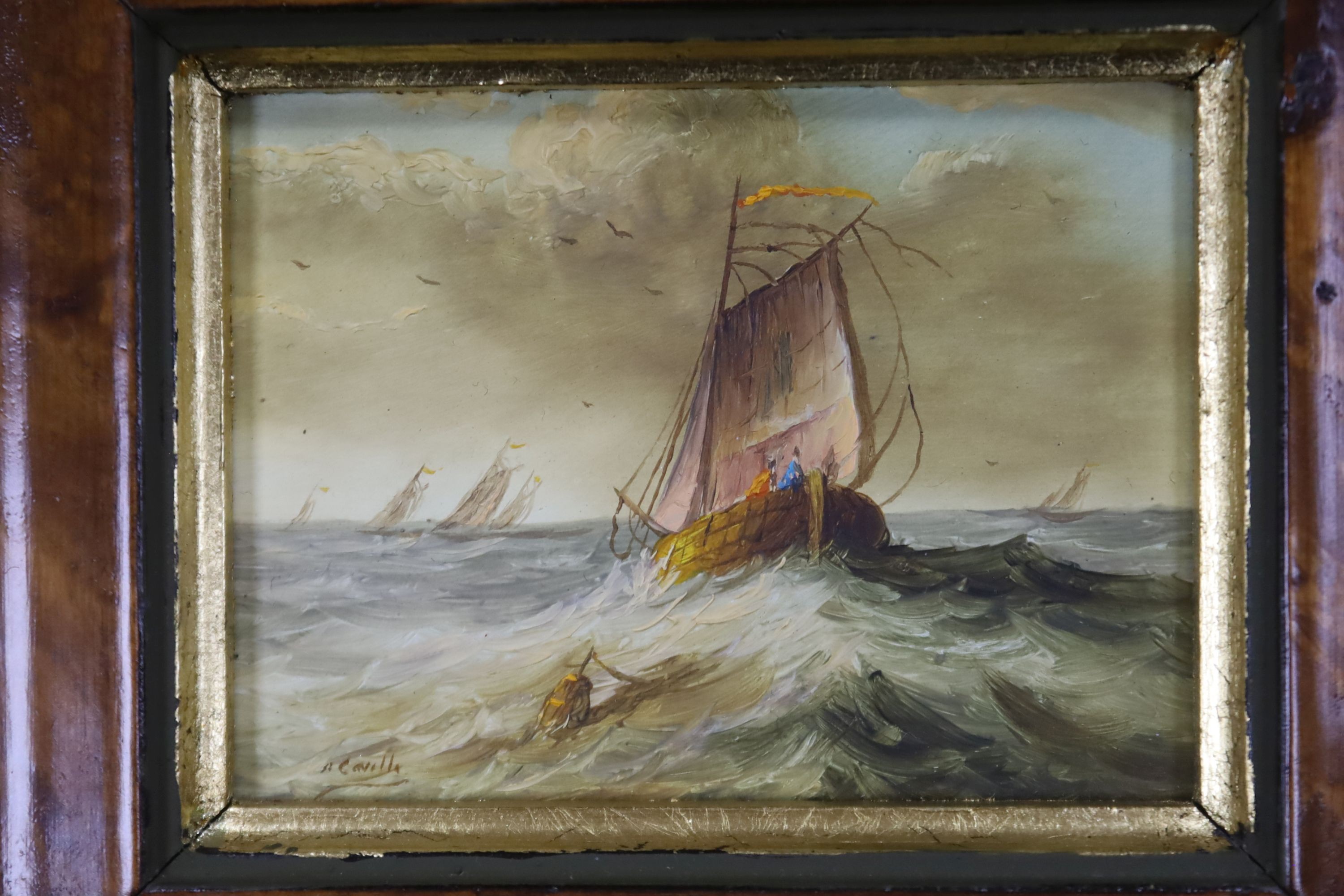 A. Cavello, two pairs of oils on board, Fishing boats at sea, 7.5 x 5.5cm and 5.5 x 7.5cm
